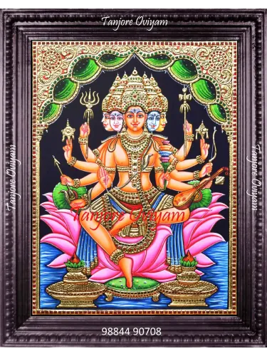 Handcrafted Vishwakarma Tanjore painting with gold foil work showing Lord Vishwakarma seated on a lotus with divine tools in traditional Thanjavur art style